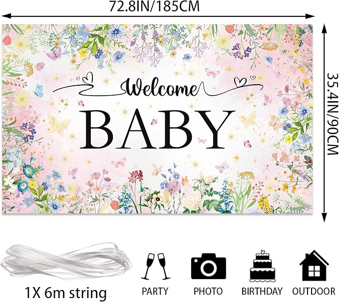 Wildflower Baby Shower Decorations Banner - Floral Welcome Baby Backdrop Party Supplies, Flower Theme Photo Background for Birthday Baby Shower Gender Reveal (72.8 x 35.4 inch)