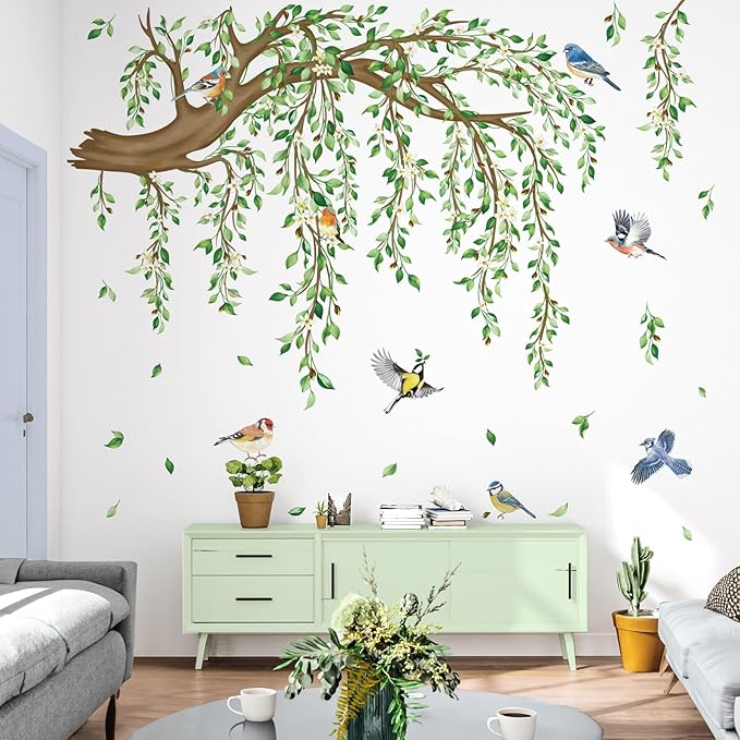 decalmile Large Hanging Vine Wall Decals Tree Branch Green Leaf Flower Birds Wall Stickers Living Room Tv Background Bedroom Wall Decor