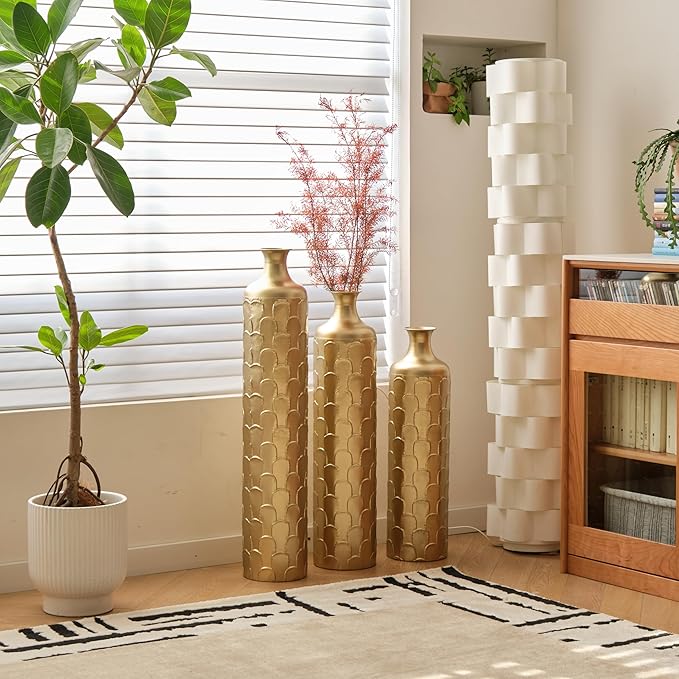 Floor Vases, Tall Home Decor Metal Vase Set of 3 Large Glazed Decorative Vases for Wedding Decor, Elegant Modern Flower Holder for Living Room, Entryway, Hallway, Dining Room