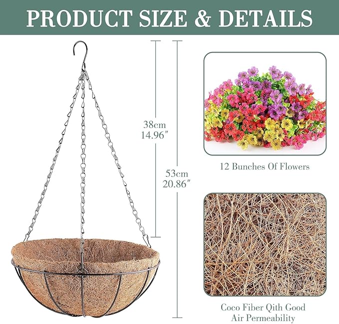 Artificial Flowers Hanging Plants in Basket,Artificial Hanging Flowers for Outdoor Indoor Decor,UV Resistant Hanging Baskets with Fake Flowers for Patio Garden Porch Deck Decoration