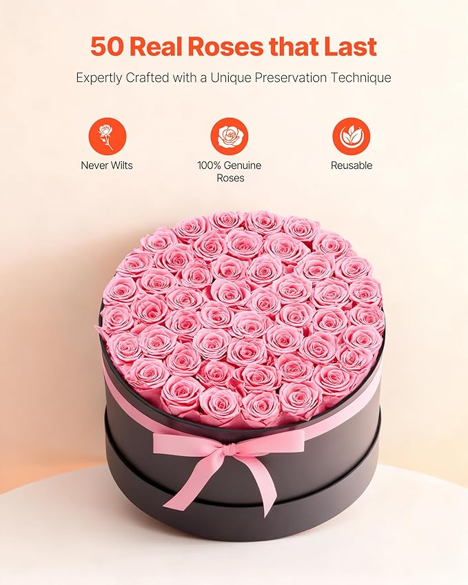 VEVOR Forever Flowers, 50 Preserved Roses in a Box, Eternal Flowers Immortal Bouquet Birthday Present for Delivery Prime Women Her Wife Mothers, Anniversary, Valentine's Day,Christmas, Sweet Pink