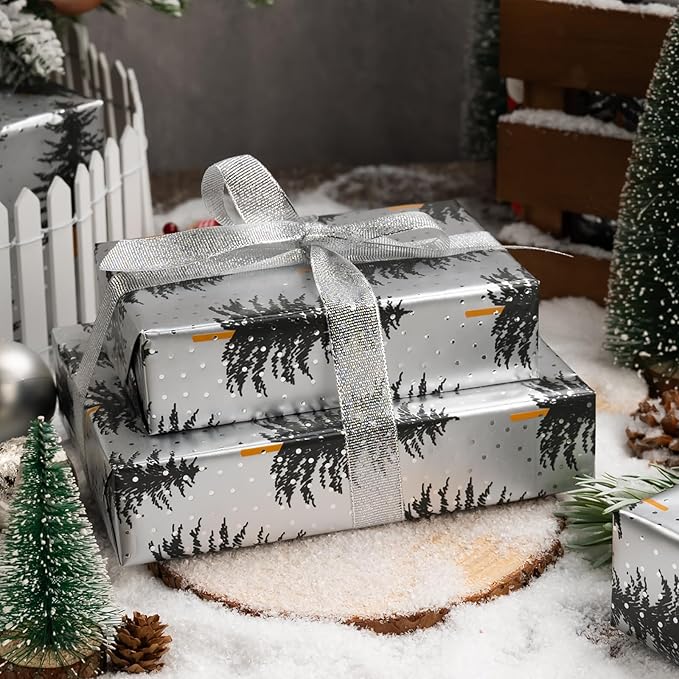 MAYPLUSS Christmas Gift Wrap Trees - 17 Inch X 33 Feet - Silver White Minimalist Christmas Trees Wrapping Paper Winter Festive Forest Present Sheet for Holiday, Seasonal Celebration
