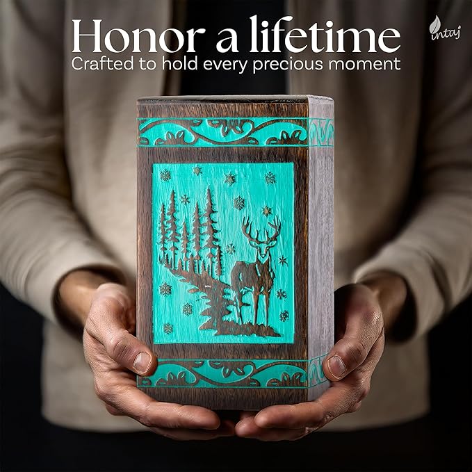 INTAJ Handcarved Rosewood Teal Green Deer Urn for Human Ashes Adult - 115 lbs Capacity Forest Wooden Cremation Urn Box Suitable for Burial Funeral Decorative Wildlife Memorial Casket Secure