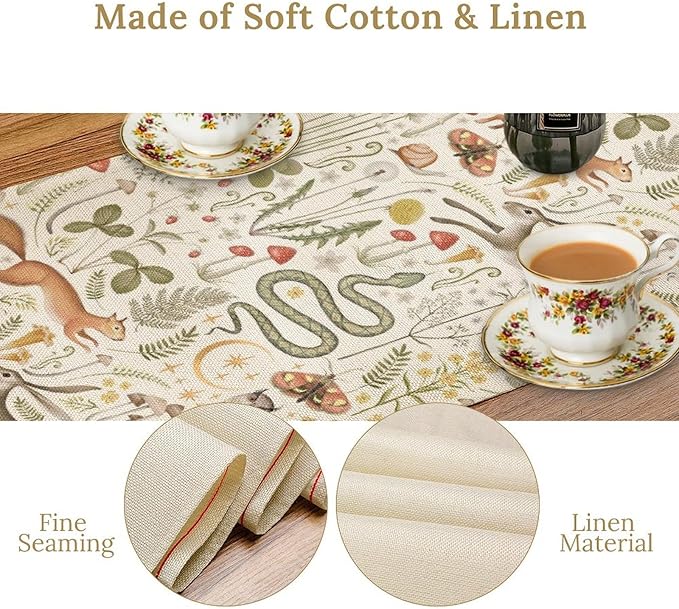 Country Forest Table Runner, Wild Animal Hare Squirrel Owl Snake Snail Flowers Mushroom Print Table Runner for Spring Holiday Farmhouse Kitchen Indoor Outdoor Decoration, 13x108inch