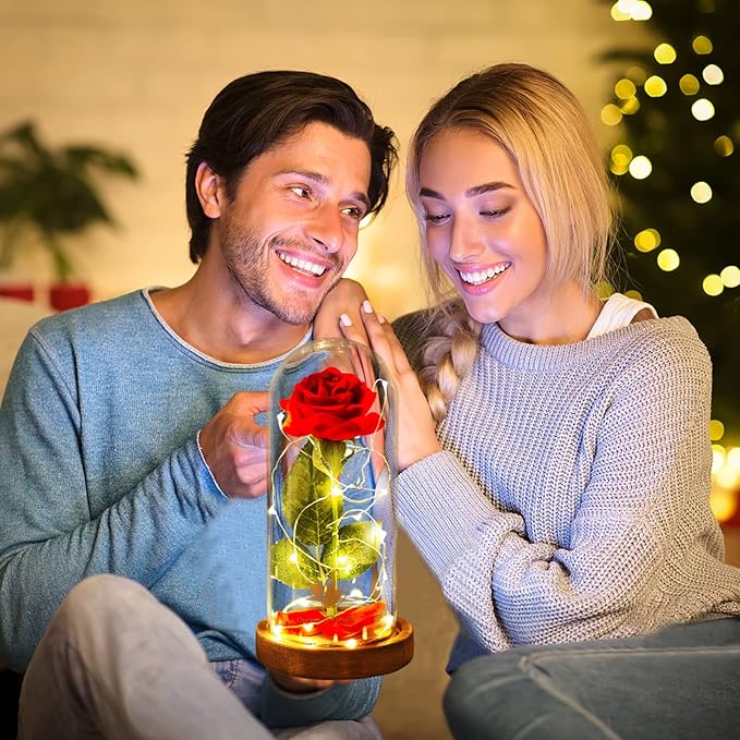 Women Gifts for Christmas Beauty and The Beast Rose,Red Rose in Glass Dome with Lights,Flowers for Delivery Prime,Romantic Flower Gifts for Women Mom Wife Girlfriend on Birthday, Anniversary, Wedding
