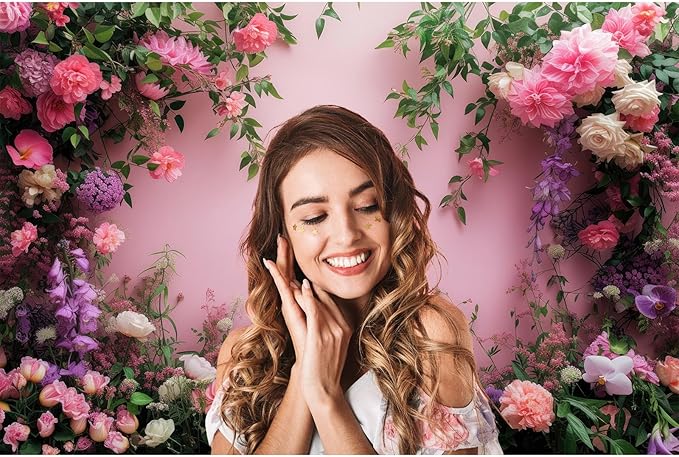 Flowers Photography Backdrop Colorful Flowers Composition Green Leaves on Pink Background for Girls Kids Children Wall Banner Cake Table Decoration Video Studio Photo Portrait Props 15x10ft