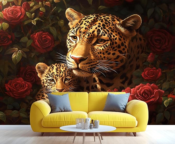 Jungle Rose Leopard Wall Mural, Big Cat Floral 3D Wall Murals, Wild Animal Leopard Wallpaper Mural, for Living Room Bedroom Large Wallpaper Indoor Decor 59" W x39.4 H