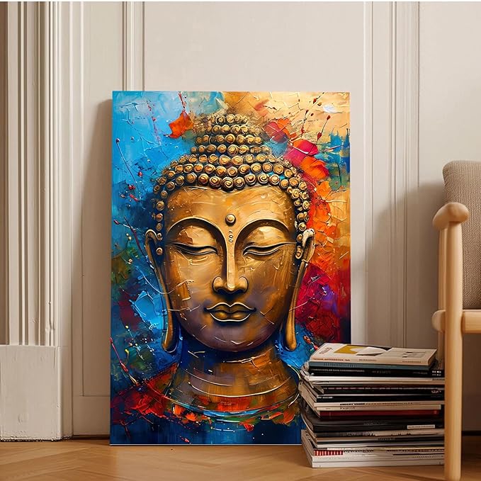 Golden Serenity Buddha Vintage Painting Wall Art Spirituality and Modern Art Wall Decor Adds Brilliance to Vibrant Home Decor 16x24in Wood Framed