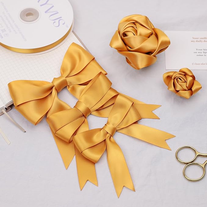 Old Gold Satin Ribbon, Double Faced 1 Inch X 50 Yards Old Gold Ribbon, Premium Satin Ribbons for Gift Wrapping, Crafts, Hair Bow Making, Sewing, Flower Bouquet, Wedding Party Decor