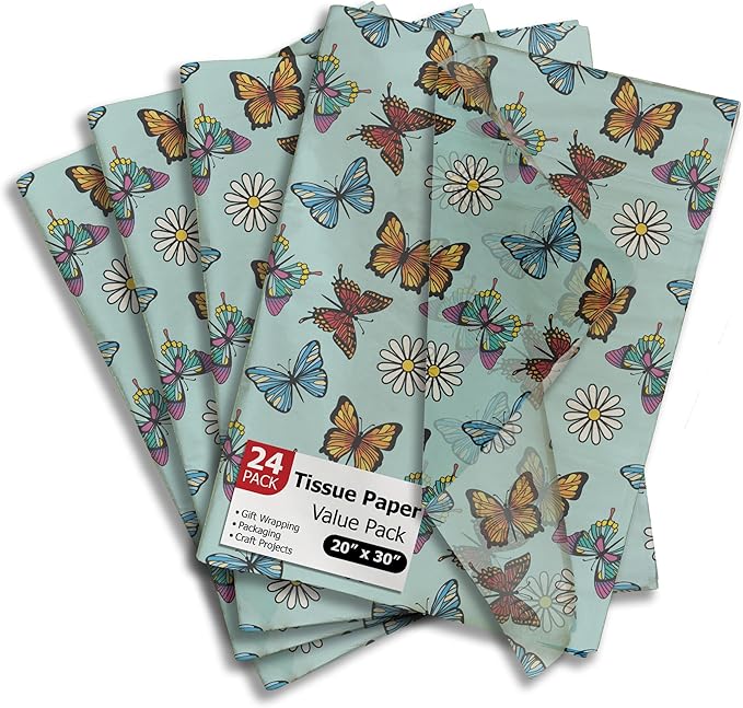 Pro Supply Global Butterflies and Daisies Printed Tissue Paper for Gift Bags or Boxes and Wrapping - Spring Floral Bulk Decorative Art Tissue Paper for Packaging and Gifting | 24 Sheets 20" x 30"