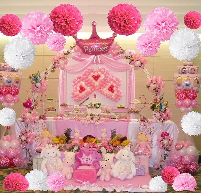 Tissue Paper Pom Poms, Recosis Paper Flower Ball for Birthday Party Wedding Baby Shower Bridal Shower Festival Decorations, 18 Pcs - Rose Red, Pink and White