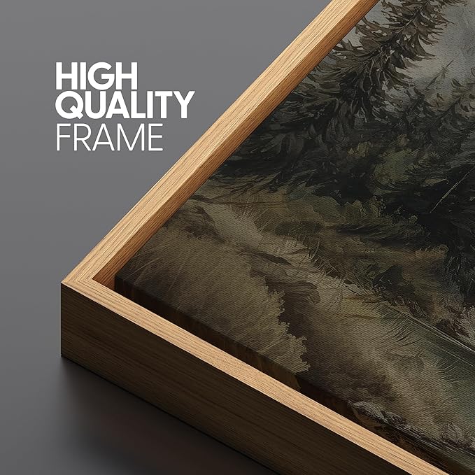 SIGNFORD Extra Large Framed Canvas Print Wall Art Mountain Forest Landscape Misty Pine Trees and Lake Scene Illustrations Modern Art Relax/Calm Warm for Living Room, Bedroom, Office - 60"x30"