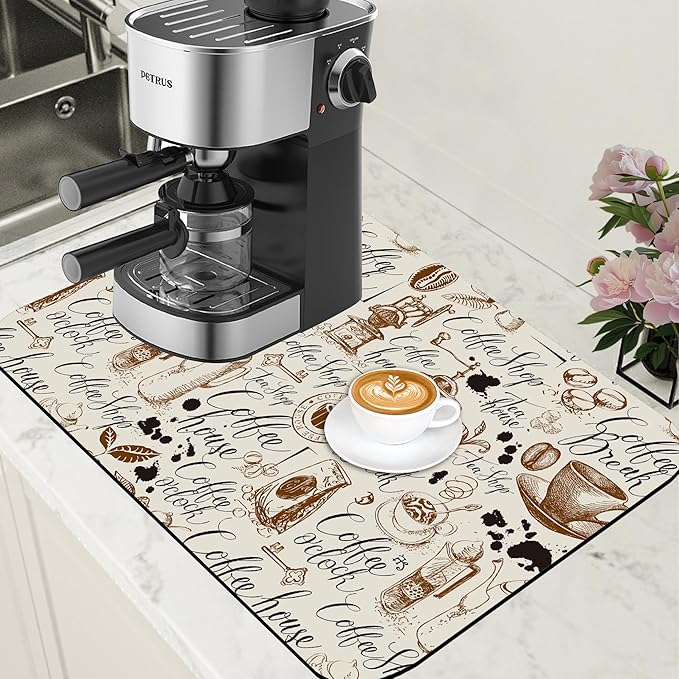 Dish Drying Mat Coffee House Coffee Bar Mat for Countertop Absorbent Rubber Backed Hide Stain Dish Drainer Rack Pad Espresso Machine Cafe Table Dining Room Decoration 15.7 x 23.6 Inch