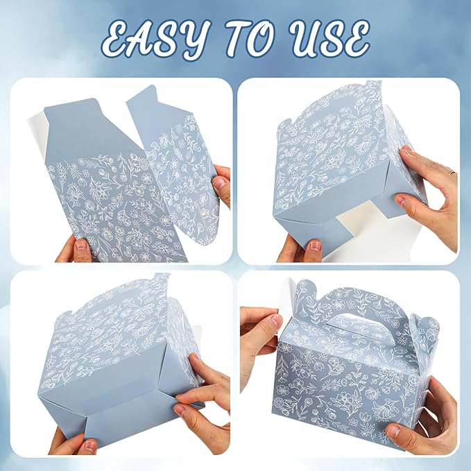 Dunzoom 24 Pack Dusty Blue Floral Paper Gift Boxes Party Favor Gift Gable Boxes with Chinoiserie Floral Printed Candy Treat Box for Wedding Birthday Tea Bridal Shower Party