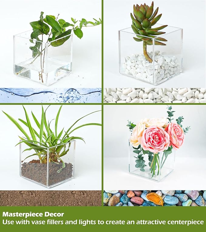 Kamehame Clear Vase 2 Pcs Acrylic Vase, 5"x5"x5" Succulent Pots Planters, Square Cube Vases for Centerpieces, Flower Vase for Home Office Wedding Floral Decor
