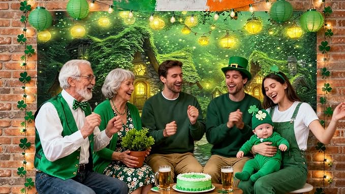 7X5ft St. Patrick's Day Backdrop Magic Enchanted Forest Green House Lucky Irish Shamrock Gold Coins Wonderland Photography Background for Kids Girls Party Decoration Cake Table Photo Booth Props