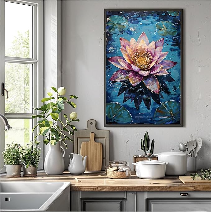 Gorgeous pink and purple water lilies on deep blue water Eye-catching oil painting Serene aquatic wall art for modern home decor 16x24in Metal blackFramed