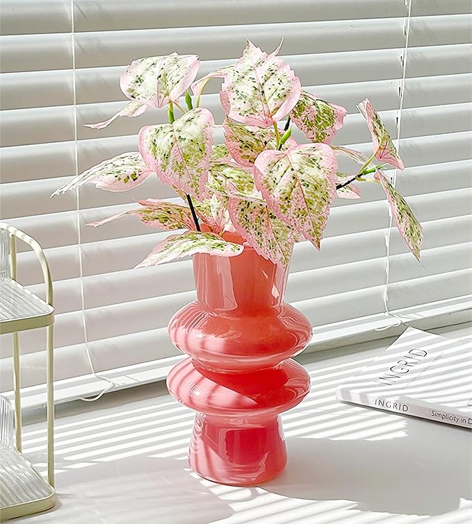 JSPYFITS Modern Glass Vases, 7.87" Tall Four-Layer Book Vase Bubble Flower Vases Decorative for Home Décor, Decorative Pink Glass Table Vase for Wedding Housewarming Gift