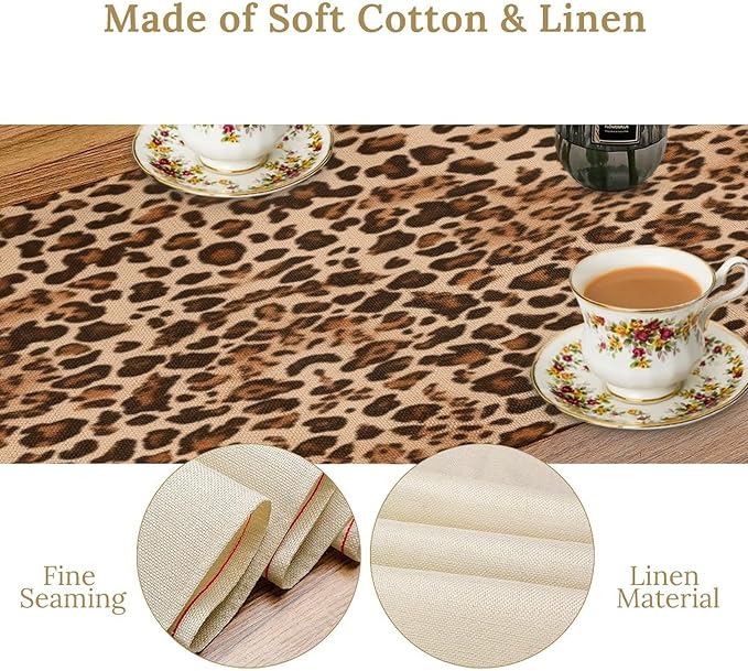 Leopard Skin Print Table Runner, Rustic Cottage Country Farmhouse Wildlife Safari Animal Skin Print Dinner Runner for Home Kitchen Dining Table Party Holiday Decor Brown 13x70in