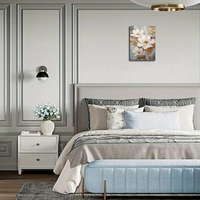 Abstract White Flower Painting Canvas Wall Art With Gold Leaf Canvas Framed Art Wall Decor White Elegant Flower Modern Print Wall Art for Living Room Bedroom Home Decoration 16x24 inch