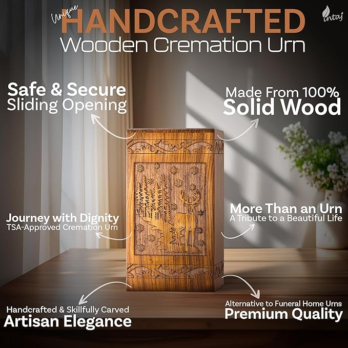 INTAJ Handcarved Rosewood Deer Urn for Human Ashes Adult Male Female - 180 lbs Capacity Forest Scene Wooden Cremation Urn Box Suitable for Burial Funeral Decorative Wildlife Memorial Casket