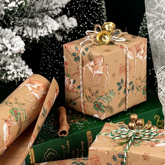 WRAPAHOLIC 30 Inch Kraft Christmas Wrapping Paper - 30 Inch x 33 Feet - Reindeer Wrapping Paper with Holly Design for Christmas, Holiday, Party Celebration