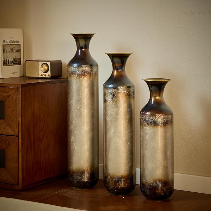 Floor Vases, Tall Home Decor Metal Vase Set of 3 Large Glazed Decorative Vases for Wedding Decor, Elegant Modern Flower Holder for Living Room, Entryway, Hallway, Dining Room