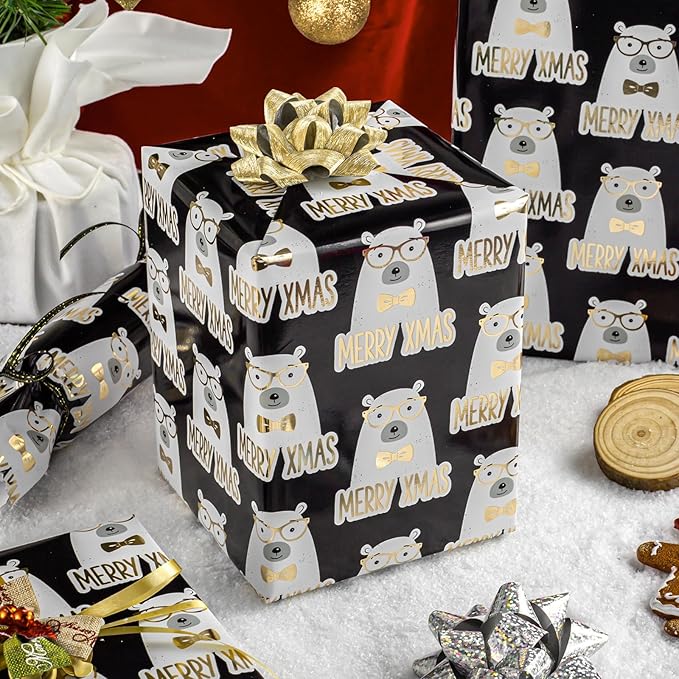 MAYPLUSS Metallic Foil Christmas Gift Wrap Paper - 17 Inch X 33 Feet - Cute Luxury Golden Bear w/Sunglasses on Black Design Winter Holiday Gift Wrap Present Paper Sheet for Party Birthday Baby Shower