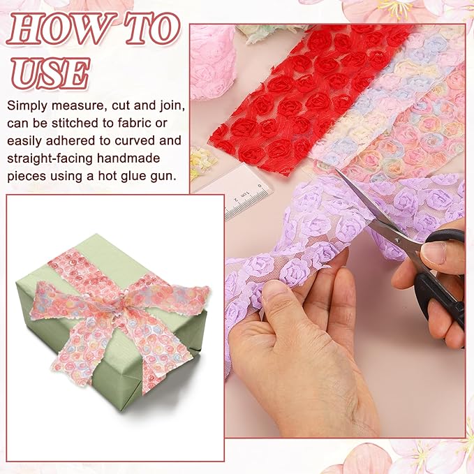 uxcell 2PCS Lace Trim Ribbon, 2.36 inch - 1 Yard 3D Rose Floral Embroidery Ribbons Edge Trimming for Sewing, Wedding Dress, DIY Crafts, Decoration Accessories, Pink Rose