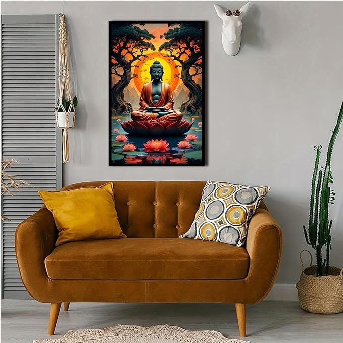 Canvas wall art Golden Buddha on lotus at sunset Ancient trees with reflections on water Serene meditation scene Uplifting wall art for mindfulness and tranquil home decor 16x24in Metal blackFramed