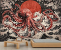 Japanese Wave Octopus Wall Mural, Japanese Traditional 3D Wall Murals, Ocean and Octopus Wallpaper Mural, for Living Room Bedroom Large Wallpaper Indoor Decor 177.16" W x120 H