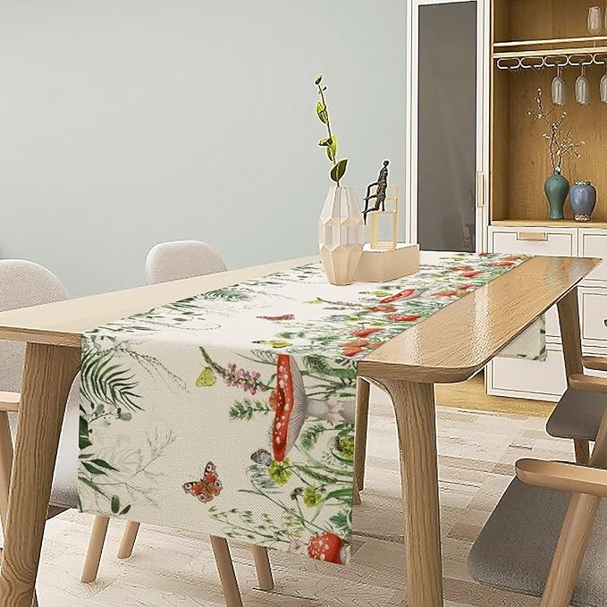 Watercolor Mushroom Table Runner, Boho Vintage Green Plant Butterfly Wildflower Eucalyptus Leaf Print Table Cover for Home Holiday Party Indoor Outdoor, 13x36inch
