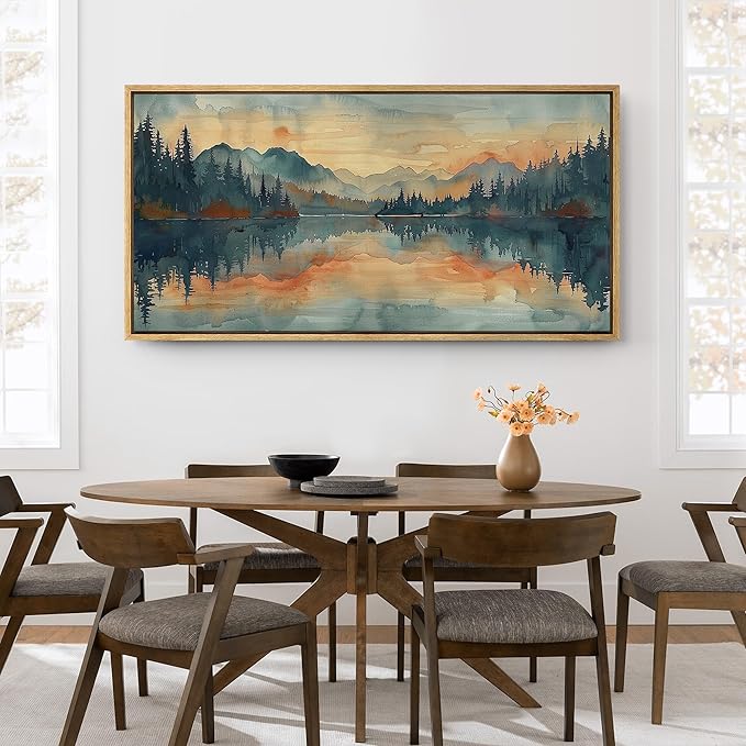 SIGNFORD Extra Large Framed Canvas Print Wall Art Peaceful Lake and Forest Illustrations Modern Art Calm Warm for Living Room, Bedroom, Office - 60"x30"