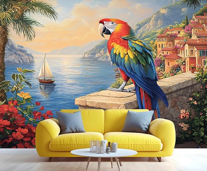 Macaw Parrot Wall Mural, Coastal Mediterranean Parrot 3D Wall Murals, Sunset Seaside Village Scene Wallpaper Mural, for Living Room Bedroom Large Wallpaper Indoor Decor 157.5" W x110.3 H