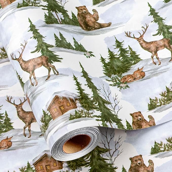 MAYPLUSS Christmas Wrapping Paper Roll - 17 In x 33 Feet - Cute Watercolor Christmas Tree Deer Bear Log Cabin Gift Wrap Paper for New Year, Holiday, Kids