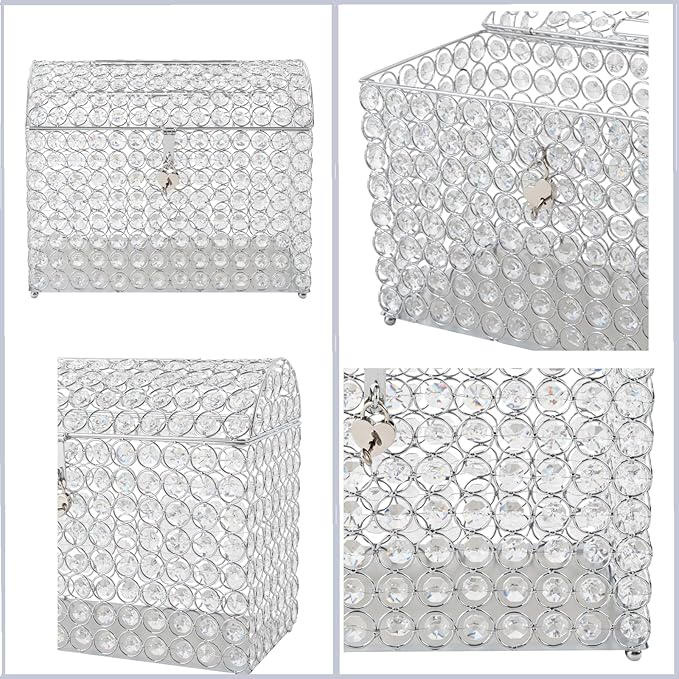 Crystal Wedding Card Box With Heart Lock Silver Treasure Chest Money Card Box Gift Decorative Memory Box for Wedding Birthday Graduation Party Decoration