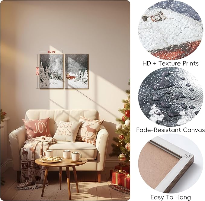 ArtbyHannah Framed Christmas Canvas Wall Art Decor Set of 2, Large Xmas Pictures Prints Paintings for Living Room Bedroom, Winter Holiday Home Indoor Decorations with Red House and Tree (16x24 Inch)