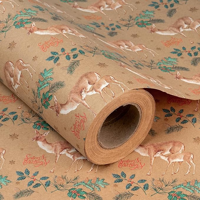 WRAPAHOLIC 30 Inch Jumbo Kraft Christmas Wrapping Paper - 30 Inch x 100 Feet Jumbo Roll Reindeer Wrapping Paper with Holly Design for Christmas, Holiday, Party Celebration
