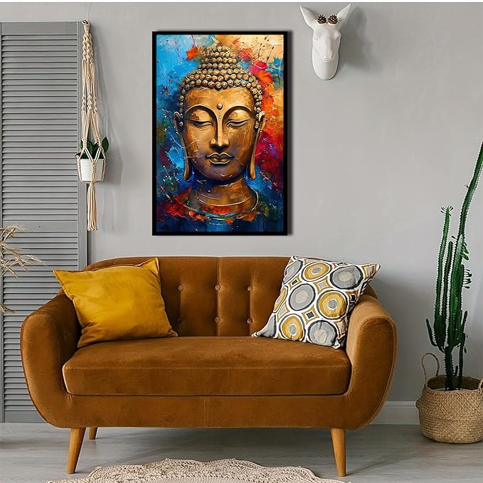 Golden Serenity Buddha Vintage Painting Wall Art Spirituality and Modern Art Wall Decor Adds Brilliance to Vibrant Home Decor 20x30in Metal blackFramed