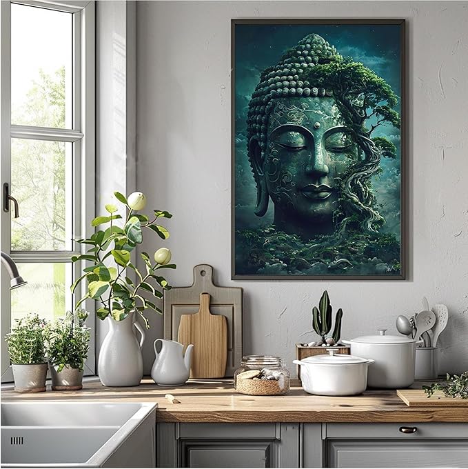 Buddha statue wall art canvas wall decor aesthetic picture mystical nature art for tranquil home and spiritual space 16x24in Metal blackFramed