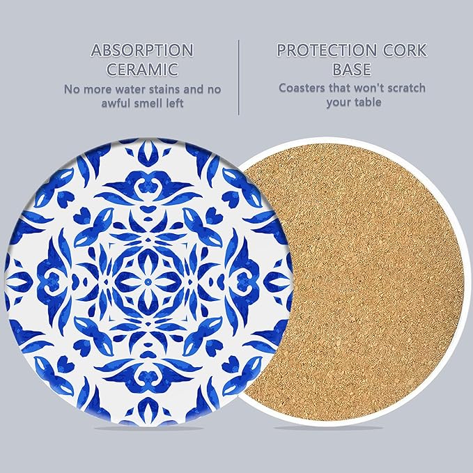 Drink Coasters Set of 6 with Holder, Handpainted Blue Pattern Absorbent Ceramic Coasters with Cork Base,Fit All Cups,Great Gift for Housewarming,Room Decor,Bar,Holiday Party