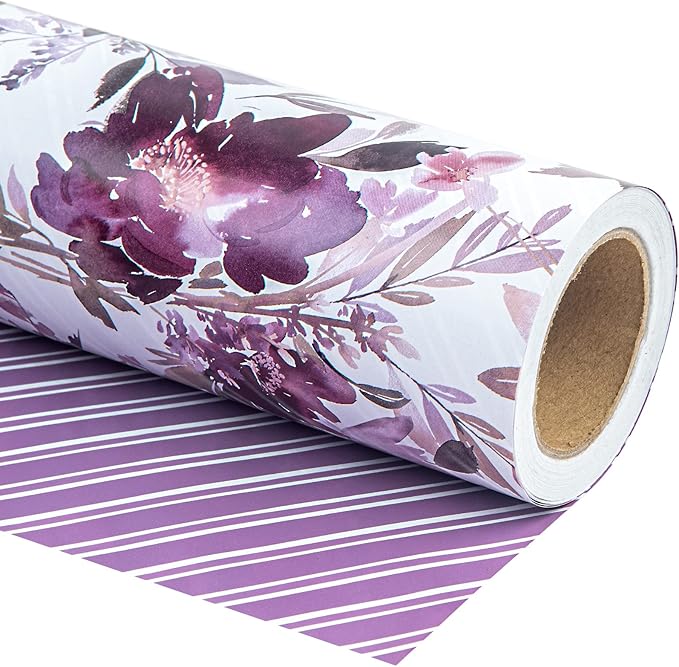 WRAPAHOLIC Reversible Floral Wrapping Paper - Mini Roll - 17 Inch X 33 Feet - Purple Floral Design for Wedding, Birthday, Valentines' Day, Baby Shower, Anniversary, Bridal Shower