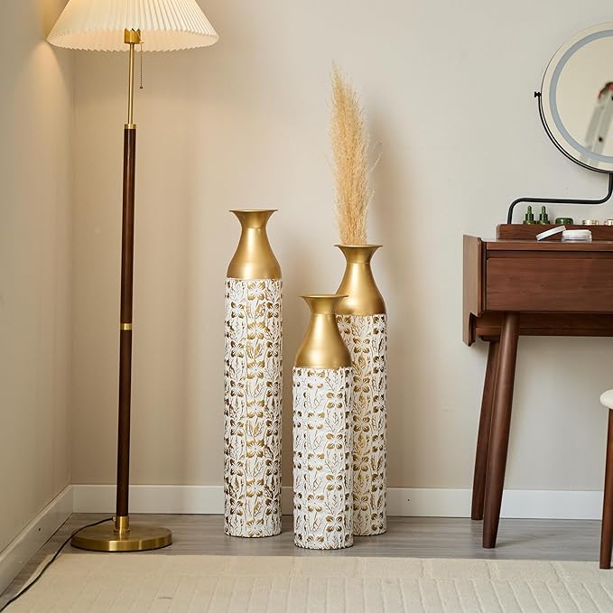 Floor Vases, Tall Home Decor Metal Vase Set of 3 Large Glazed Decorative Vases for Wedding Decor, Elegant Modern Flower Holder for Living Room, Entryway, Hallway, Dining Room