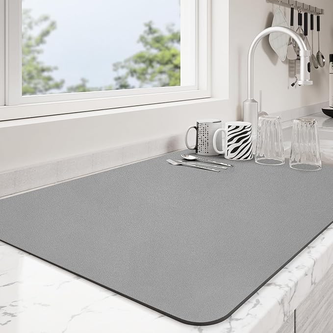 Dish Drying Mat for Kitchen Counter | Coffee Bar Mat for Countertops | Heat Resistant Drainer Mat with Non-slip Rubber Backed | Hide Stain Kitchen Absorbent Draining Mat | Grey 16"x18"