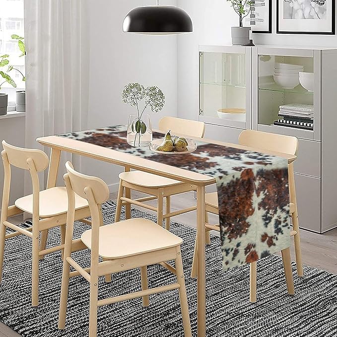 Cow Print Table Runner, Brown Cowhide Print Western Style Table Runner Country Farmhouse Cottage Cow Patten Table Decoration for Home Kitchen Dining, 13x60 in