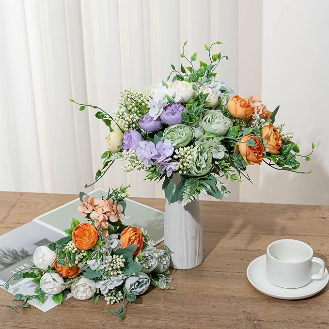 KAOYOO 4 PCS Artificial Peony Bouquet Short Stem for DIY Wedding Decoration Bridal Bouquet Home Decorations(Orange 4-PCS)