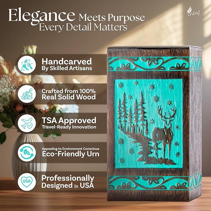 INTAJ Handcarved Rosewood Teal Green Deer Urn for Human Ashes Adult - 115 lbs Capacity Forest Wooden Cremation Urn Box Suitable for Burial Funeral Decorative Wildlife Memorial Casket Secure