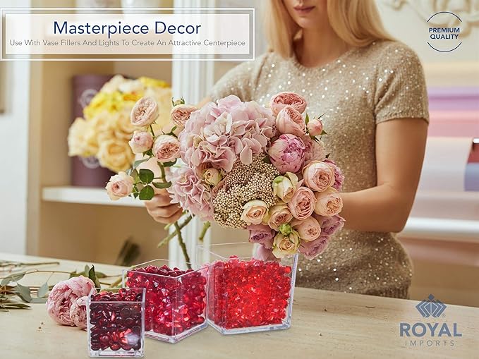 Royal Imports Flower Acrylic Vases Cubes - Decorative Centerpiece for Home or Wedding - Non Breakable Plastic, 1-Set of 3 Sizes: 4", 5", 6" - Clear