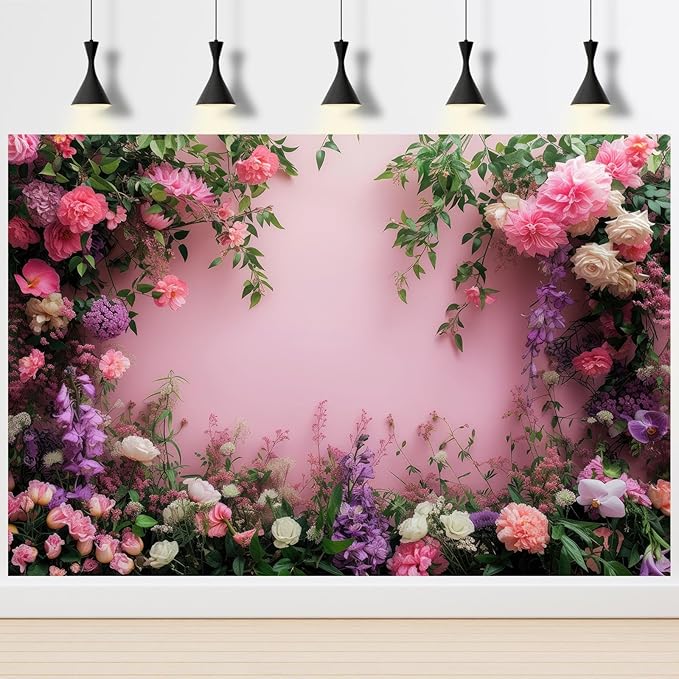 Flowers Photography Backdrop Colorful Flowers Composition Green Leaves on Pink Background for Girls Kids Children Wall Banner Cake Table Decoration Video Studio Photo Portrait Props 8x6ft