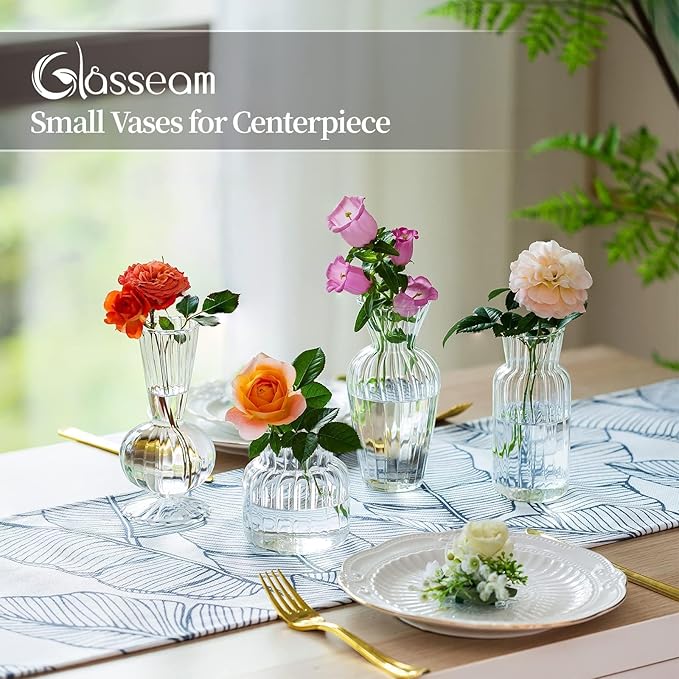 Modern Clear Glass Bud Vase Set: Glasseam 4Pcs Small Mini Flower Centerpieces Vases Handmade DecorativeCute Short Window Corner Home Decor for Wedding Reception Dining Table Single Rose Flowers